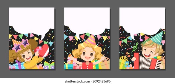 Happy New Year Family Party Boys and girls enjoy New Year's celebrations, play music and enjoy New Year's activities. Design elements for the web, cards and publications. 