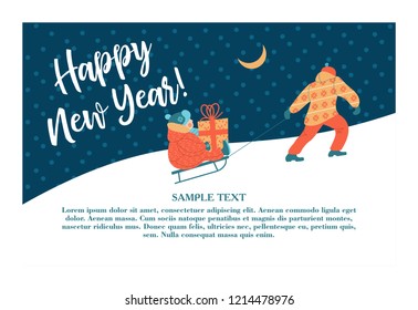 happy New Year. Father and child sledding hills with snow. The baby is holding a Christmas gift. Vector postcard with space for text.