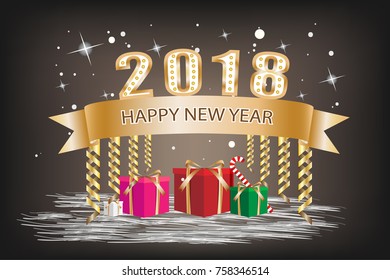 Happy New Year Festival concept. Gift box and ribbon banner gold color with text decoration on a black background. Vector illustration design. EPS10