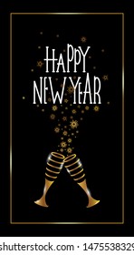 Happy New Year Festive background. Toasting champagne glasses with sparks. Merry Christmas Eve celebration greeting card. Congratulation Inscription with sparkling wine, stars. Gold on black vector