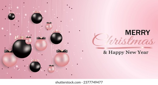 Happy New Year festive background with Christmas balls in pink and black colors and Christmas lights in pink and gold colors. Vector greeting card, banner, poster, cover.