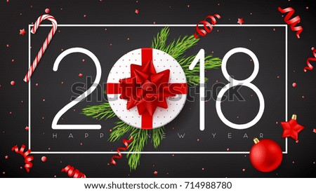 Happy New Year festive background. Top view on gift box with red bow on black backdrop. Vector illustration with confetti, serpentine and fir branches. Christmas greeting card with toys.
