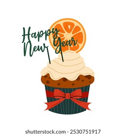 Happy New Year. Festive baking. Christmas muffin with cream and orange. Flat illustration of food on white background.