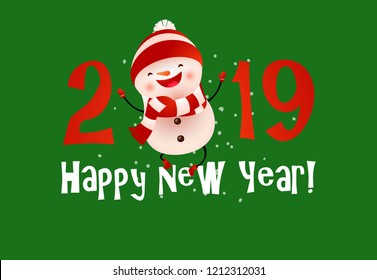 Happy New Year festive banner with laughing snowman. Creative inscription with laughing snowman in hat and scarf and numbers on green background. Can be used for banners, posters, leaflets