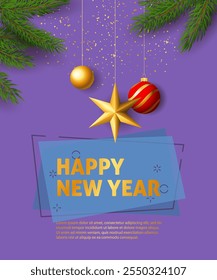 Happy New Year festive banner. Design with Christmas balls, swirl elements on purple background. Lettering can be used for greeting cards, posters, leaflets