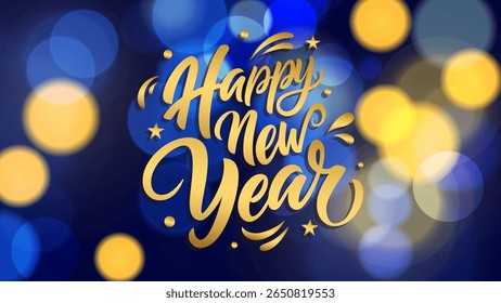 Happy New Year festive banner. Hand lettering greetings and bokeh lights. Gold and blue colors. New Year holiday background. Vector illustration.