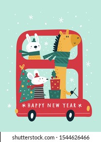 Happy New Year festive bus with cute cartoon animals: giraffe, rabbit bunny, mice, rat, mouse. Christmas holiday flat illustration. For print, poster, calendar, decoration, textile, card, souvenirs