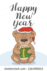 Happy New Year. Festive card with a teddy bear