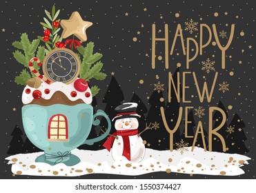 Happy New year with a festive Cup, branches and sweets. Vector illustration. Winter holiday card with calligraphic and hand-drawn design elements.