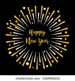 Happy New Year. Festive fireworks decoration. Star sparkle set round frame. Cracker light. Golden color. Firecracker burst. Gold and white. Flat design. Black background. Vector illustration