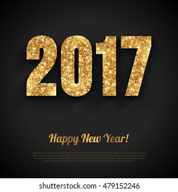 Happy New Year Festive Greeting Card with Gold Shiny 2017 Numbers on Black Background. Vector illustration. 