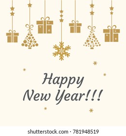 Happy New Year. Festive greeting card. Golden  toys hanging.  Vector illustration