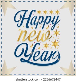 Happy New Year. Festive holyday decorative elements handwritten lettering typography line design sparkle firework gold white blue year background