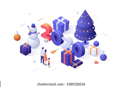 Happy New Year festive infographic banner template with 2020 date, Christmas tree decorated with garland, snowman, baubles, gift boxes and family celebrating holiday. Isometric vector illustration.