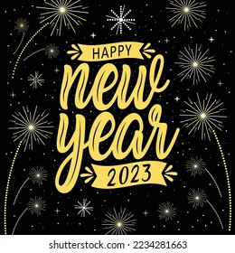 Happy new year with festive. Lettering Composition With Stars And Sparkles. Vector Illustration. dark background. holyday decorative elements. congratulation