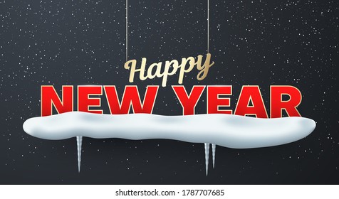 Happy New year festive luxury lettering, inscription hanging on night sky background covered with snowflakes, sparkles. Greeting card template with 3D typography label. Vector illustration, banner.