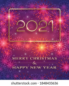 Happy New Year festive pattern with fireworks concept on color background for invitation card, Merry Christmas, Happy new Year 2021, greeting cards, poster or web banner