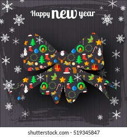 Happy New Year festive poster with colorful icons pattern in shape of bow vector illustration