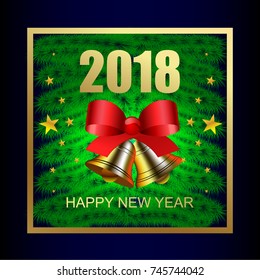 Happy New Year. Festive poster with goldenbells and red bows on the background of the es of a green Christmas tree.