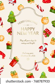 Happy New Year festive poster with greeting inscription in elegant frame and colorful traditional Christmas symbols vector illustration