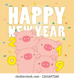 Happy new year festive season with set of cute pigs hold handwritten text 2019. Smiling pig, shooting colourful confetti for New Year's Day background. Animal cartoon for invitation, banner or poster.
