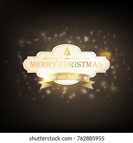 Happy New Year festive template with greeting inscription golden ribbon and paper frame on glowing dark background vector illustration