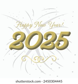 ¡Feliz Año Nuevo! ¡Vector festivo para celebrar el 2025! 3D dorado, brillo, fuegos artificiales.