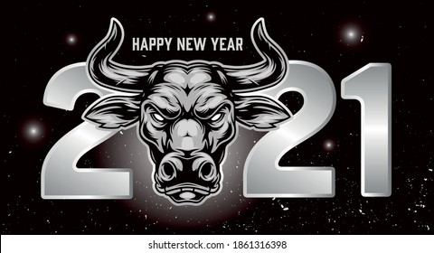 Happy New Year festive vintage concept with greeting inscription 2021 numbers and ox head on space background vector illustration