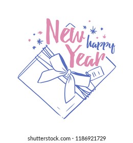 Happy New Year festive wish handwritten with calligraphic script. Elegant written lettering or inscription decorated with gift or present. Vector illustration for greeting card, postcard design.