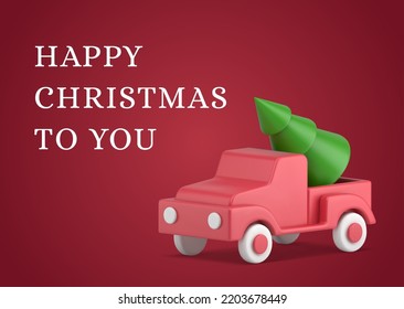Happy New Year festive Xmas celebration red greeting card template realistic 3d icon vector illustration. Merry Christmas congratulations banner pickup automobile carrying green spruce toy bauble