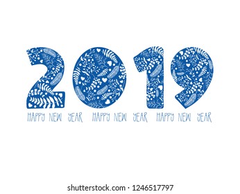 Happy new year. Figures 2019 with beautiful floral decor. Vector illustration.