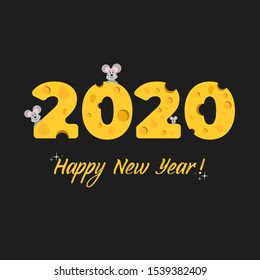 Happy New Year. Figures made of cheese. Year of the mouse. New Year holiday. Mice eat numbers from cheese. Vector, flat design.