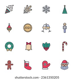 Happy New Year filled outline icons set, line vector symbol collection, linear colorful pictogram pack. Signs, logo illustration, Set includes icons as champagne, christmas sock, fireworks, xmas toy