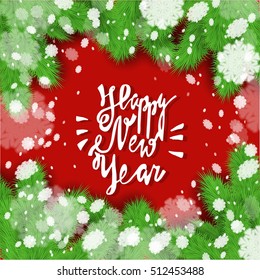 Happy New Year! Fir branches and snowflakes abstract background. Stock vector.