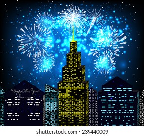 happy new year with firework city at night
