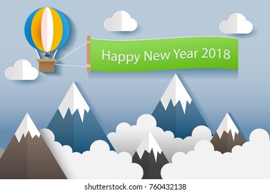 Happy New Year Flag on the Sky with Balloon, Mountain and Nature Landscape Vector Illustration Paper Art