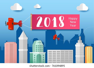 Happy New Year Flag on the Sky with Helicopter, Top the City Skyline Landscape Vector Illustration Paper Art
