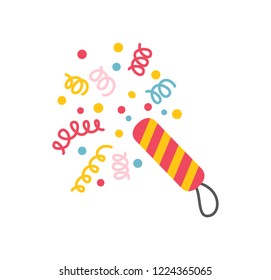 Happy New Year flapper with spiral confetti papers. Vector icon isolated party cracker exploding with festive colorful elements and jolly ticker tapes