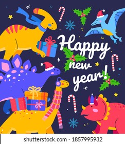 Happy New Year - flat design style illustration with characters on blue background. Greeting card with dinosaurs. Ornitosaurus, stegosaur, diplodocus, triceratops in Santa hats, candy canes, mistletoe