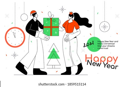 Happy New Year - flat design style web banner with line elements and copy space for text. A composition with a cute couple, boy and girl giving presents, gifts. Christmas celebration, holiday concept