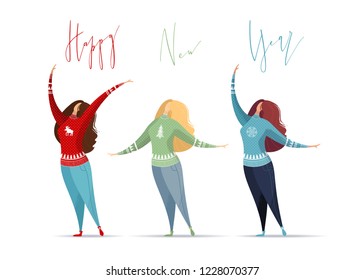 Happy New Year! Flat illustration of women in jeans and red, blue, green Christmas sweaters on white background. Hand-written lettering. Vector card template.