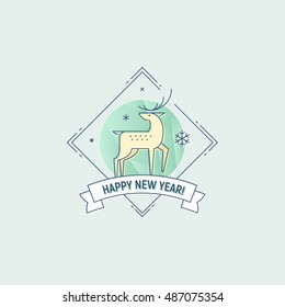 Happy New Year flat line vector illustration for cards, posters, banners, badges, apps and more. Christmas Deer and Snowflakes over polygon background