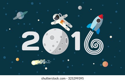 Happy New Year. Flat space theme illustration for calendar. The astronaut and rocket on the moon background.