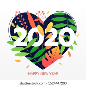 Happy new year flat vector banner template. Xmas greeting card, postcard floral concept. festive social media post. Tree leaves in heart shape and 2020 number illustration with typography