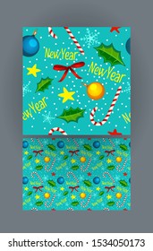 Happy New Year flat vector seamless pattern. Mistletoe leaves, candy canes and baubles  on turquoise background. Festive backdrop. Winter holiday wrapping paper, textile, print design idea