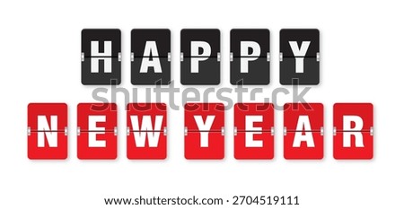 Happy New Year. Flip clock display showing New Year text on red and black panels. Split-flap countdown holiday greetings or winter celebrations. Vector illustration isolated on white backgroun.