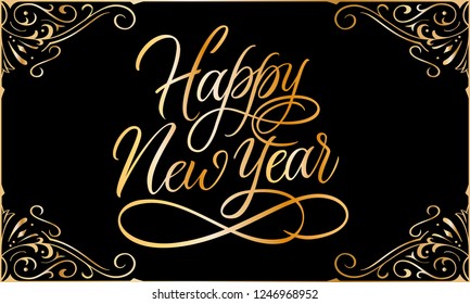 Happy New Year flourish frame golden vector. Handwritten festive calligraphy. Greeting card design. Winter celebration banner. Decorative ornate invitation. Vector illustration on black background