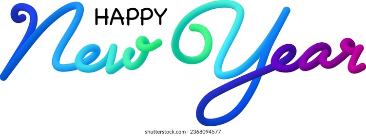 Happy new year fluid text with dynamic curved lines made of blended colorful circles. Vector illustration.