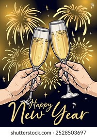 Happy New Year flyer colorful with glasses of champagne in people hands and festive fireworks in sky vector illustration