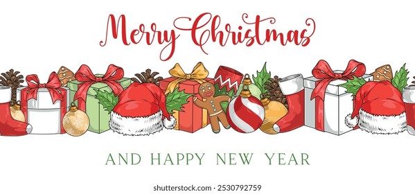 Happy New Year flyer colorful with Christmas gifts or Santa Claus hats and toys for holiday tree vector illustration